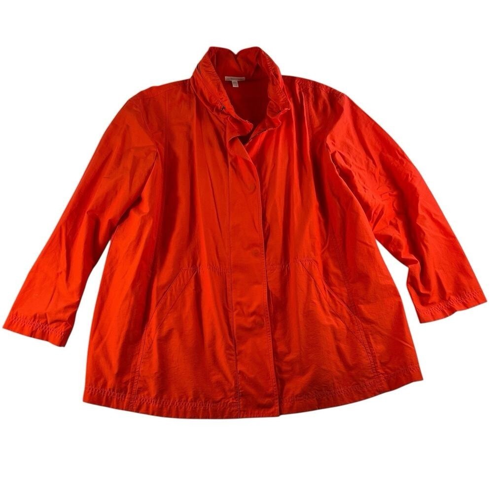 Eileen Fisher L Large Jacket Stand Collar Hidden‎ Hood Lightweight Coral Red